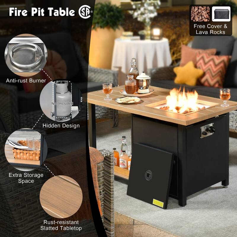 OVIOS 5-piece Patio Wicker Conversation Set With Fire Table