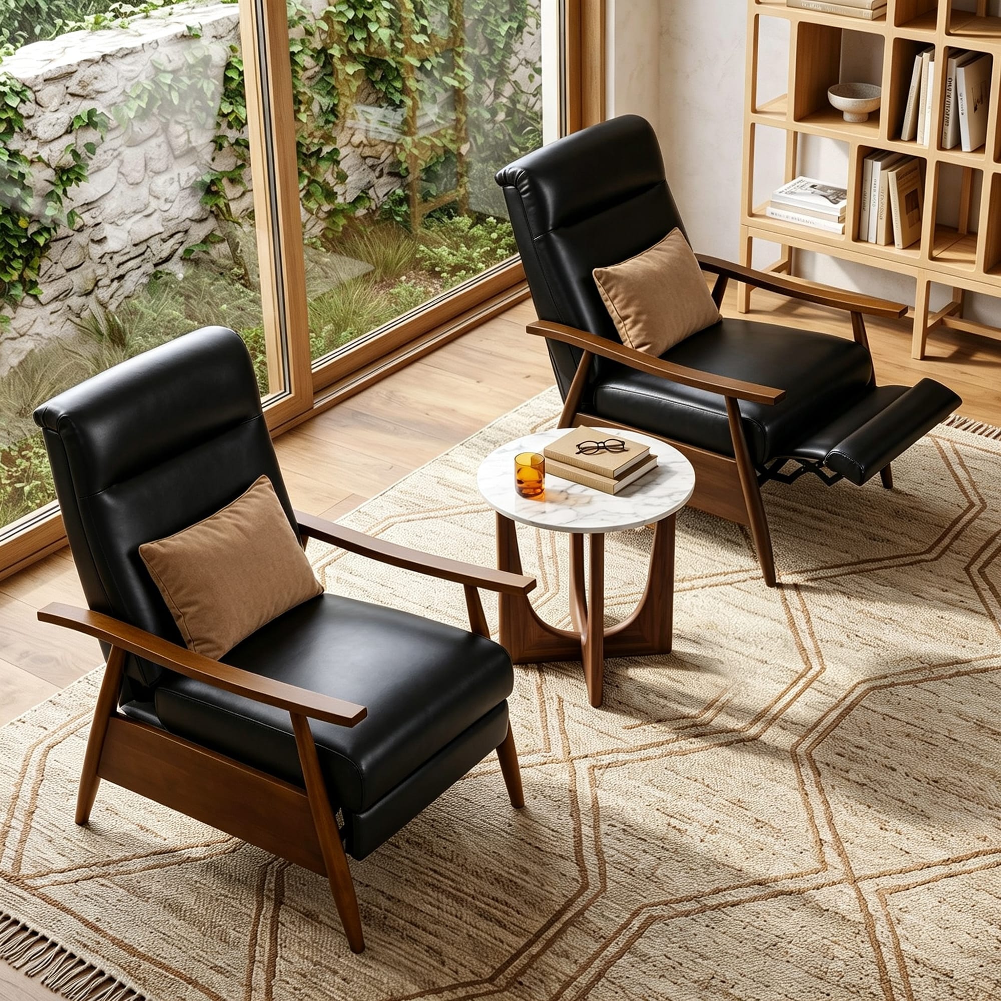 High‑Back Upholstered Manual Push Back Recliner with Wooden Arms Living Room Accent Chair