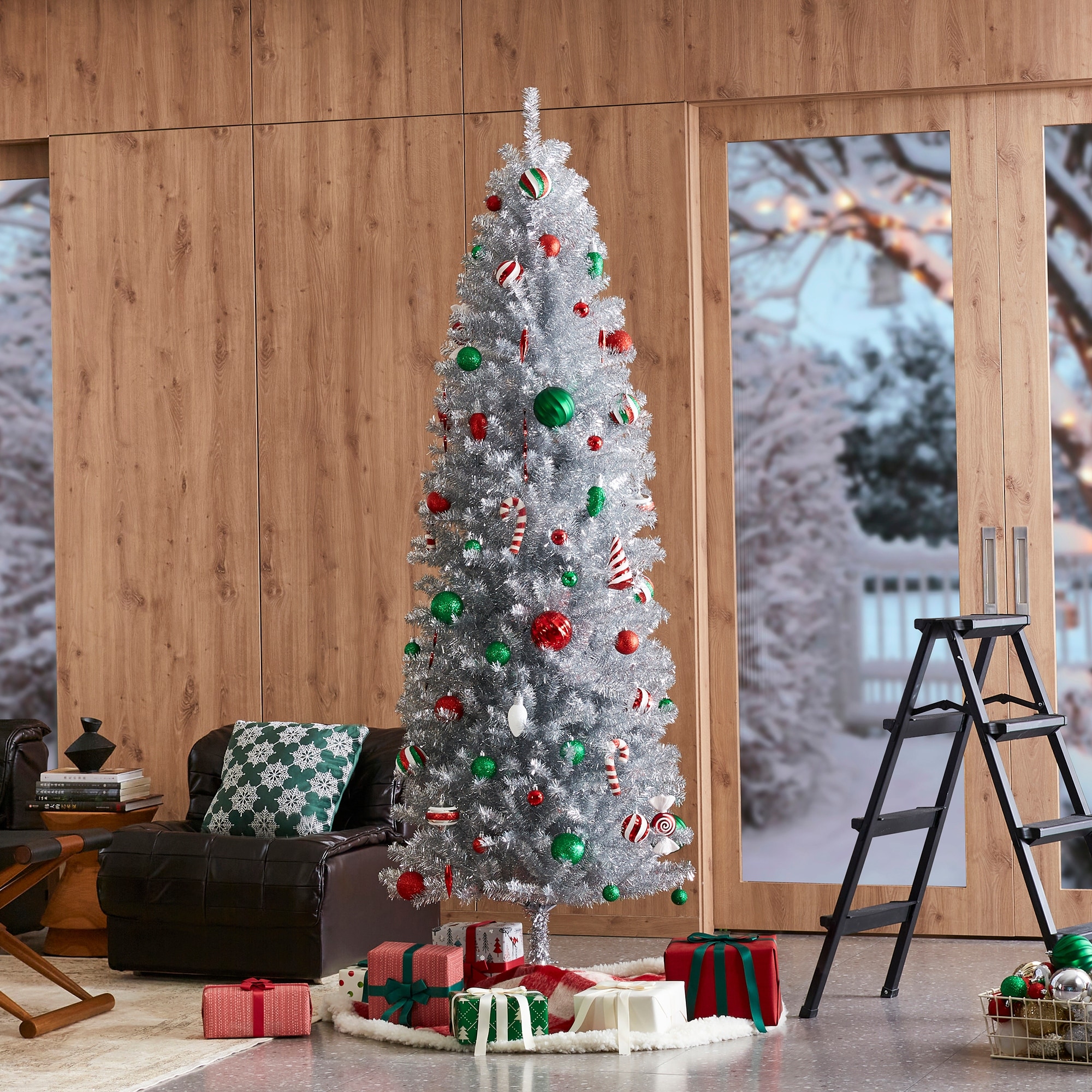 Glitzhome 7.5ft Shimmering Tinsel Silver Slim Pencil Fir Artificial Christmas Trees