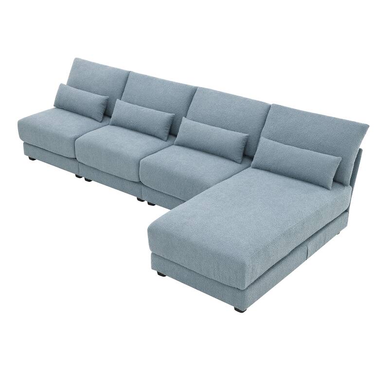 Blue 120" L-Shaped 4 Seater Sectional Sofa with Reversible Chaise and 4 Waist Pillow, Armless Design for Space-Saving Comfort