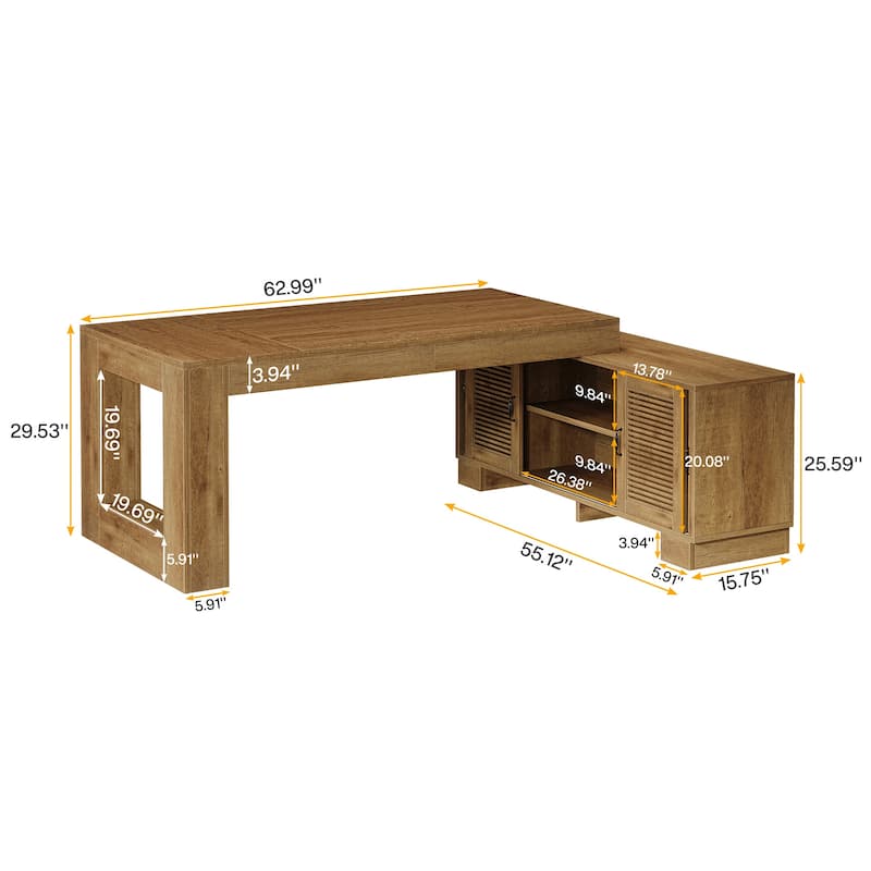 L Shaped Executive Desk with Storage Cabinets and 2-Tier Shelf