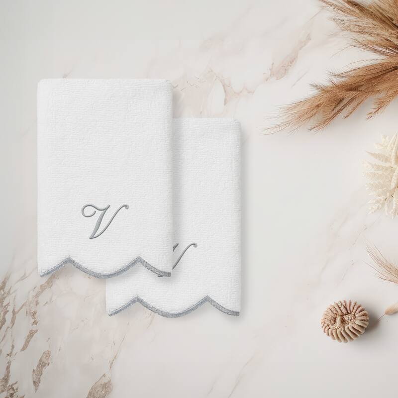 Authentic Hotel and Spa 100% Turkish Cotton Grey ADORNIA Scallop Personalized 2 Piece Fingertip Towel Set - 2 Fingertip Towels