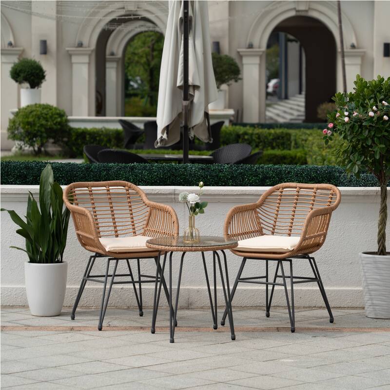 Wicker Bistro Set Outdoor Furniture with Cushions (Set of 3) by Tappio - 21.2"L x 23.6"W x 31.5"H - Beige