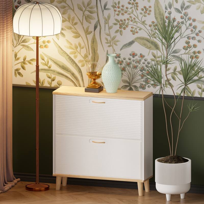 Freestanding Slim Shoe Organizer, Entryway Narrow Shoe Rack Cabinet, Shoe Cabinet with 2 Flip Drawers & Natural Wood Legs
