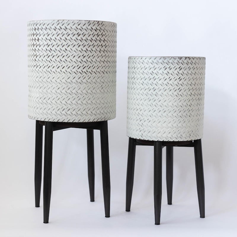 Set Of 2 Washed White Metal Pots On Brown Metal Legs Plant Stand