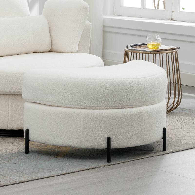 32.7" W Sherpa Upholstered Half Crescent Moon Storage Bench Large Ottoman With Tray Serve As Side Table Soft Padded Seat - Ivory
