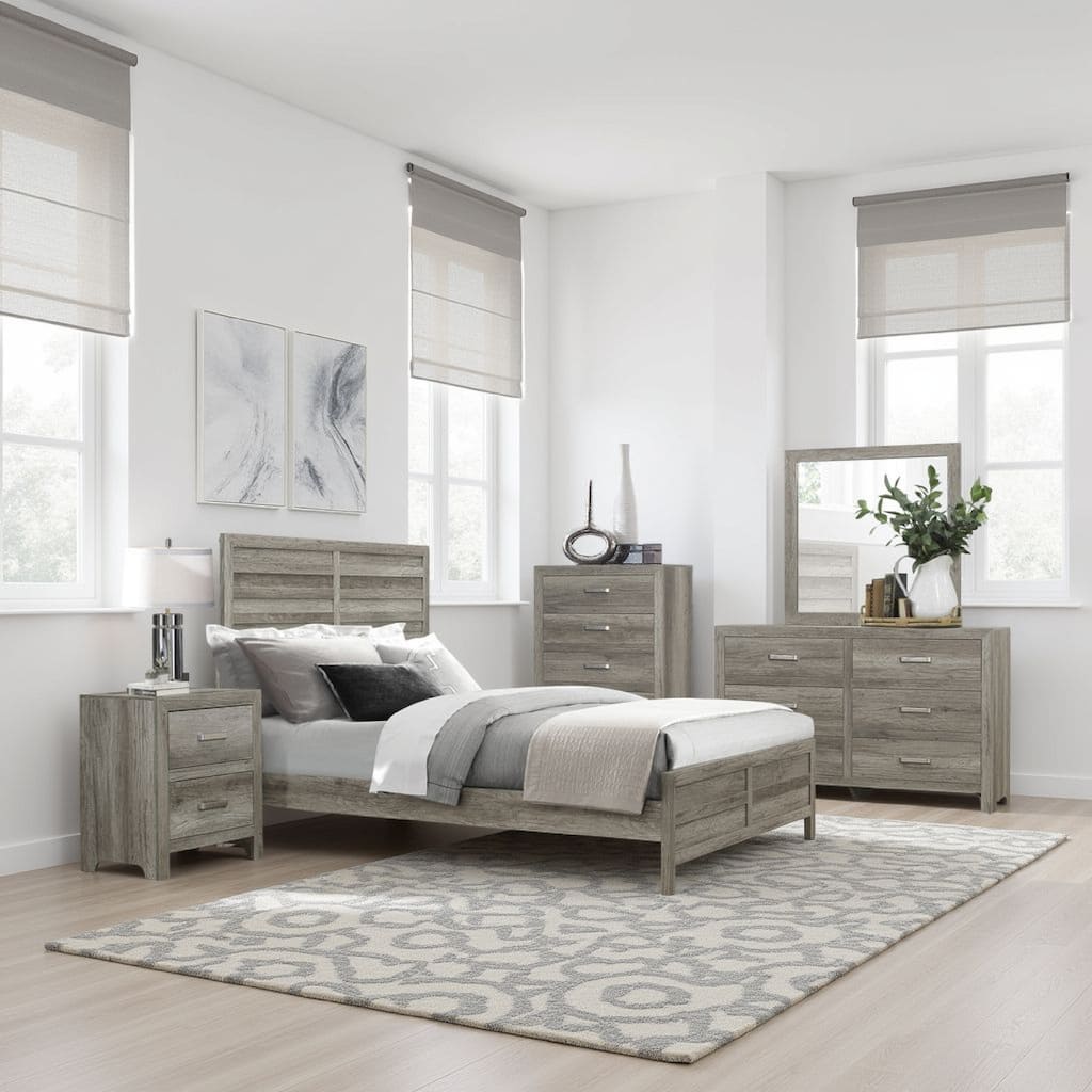 Kade 4 Pc Queen Size Bedroom Set, Slatted Panel Design, Weathered Gray Finish