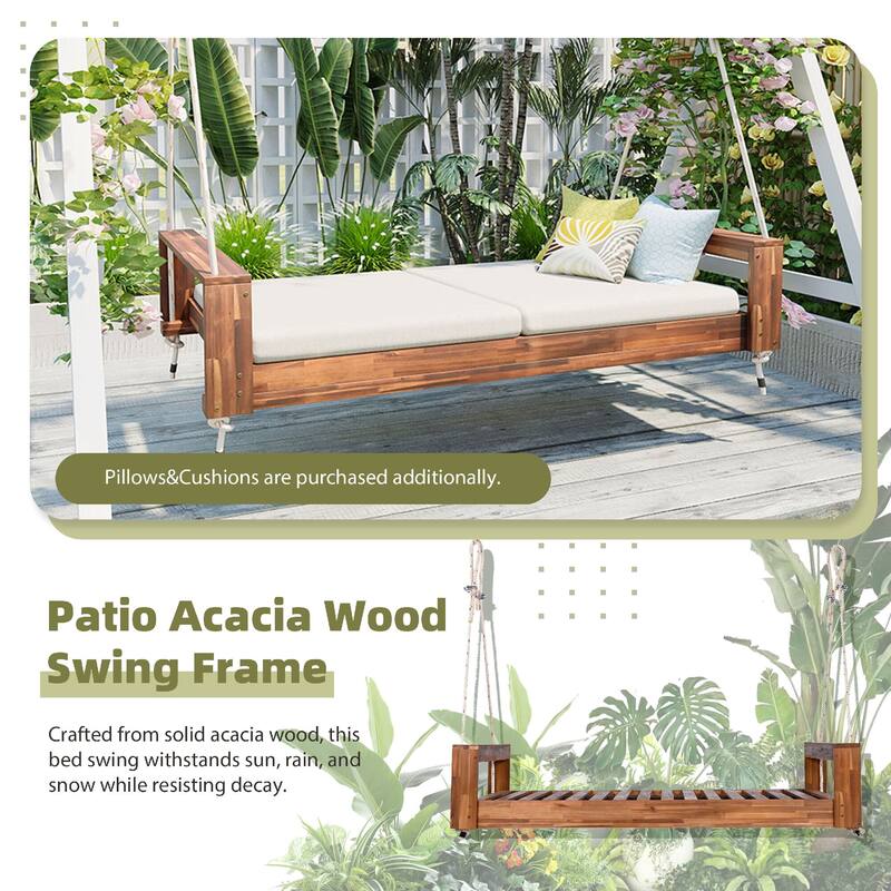 Twin Size Porch Swing Bed Patio Acacia Wood Swing Frame with Hemp Ropes
