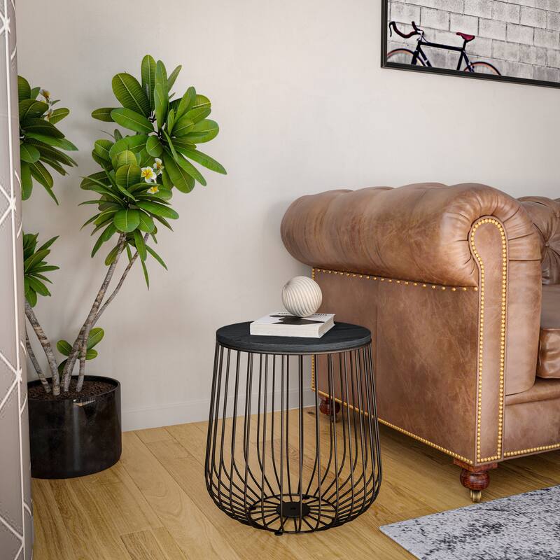 Runswick 16-inch Round Storage End Table – Mid-Century Modern Side Table with Removable Wood Top and Wire Drum Base - 16"