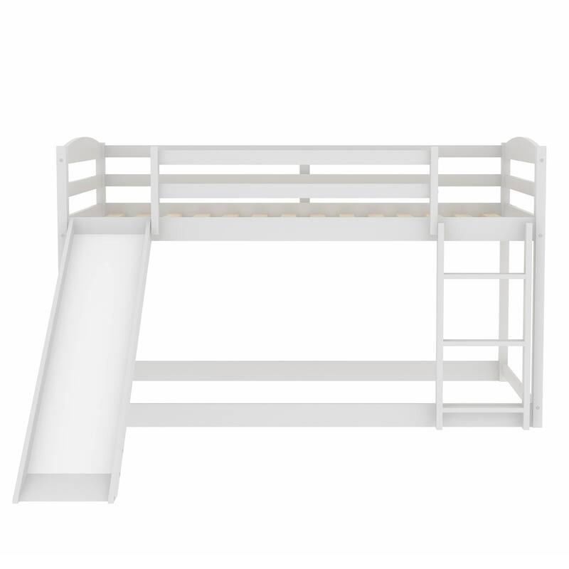 Low Twin Bunk Bed with Slide and Ladder, Sturdy Wooden Frame