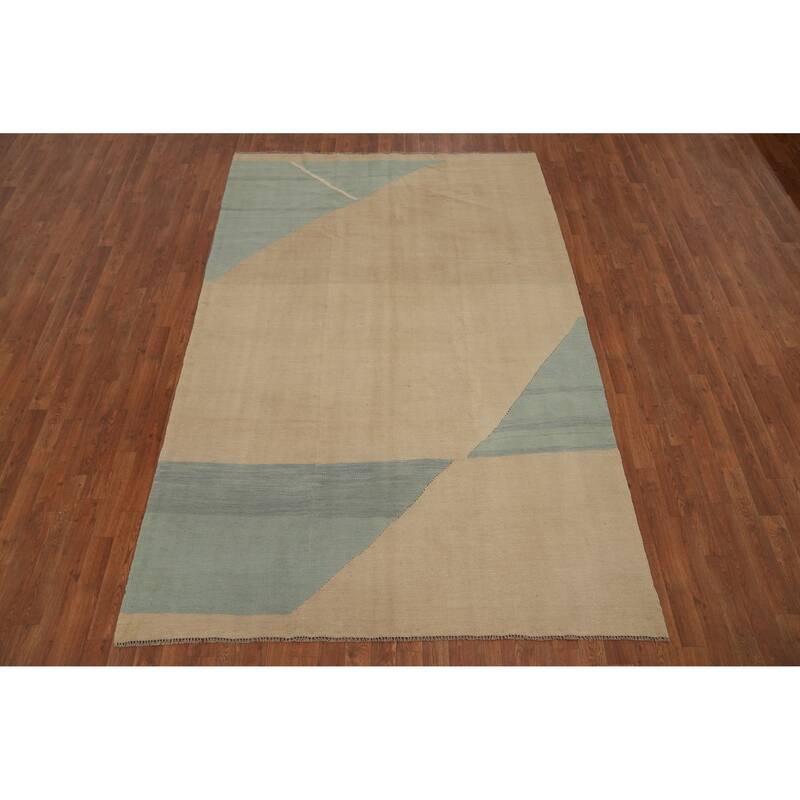 Hand Woven Oriental 100% Wool Carpet Southwestern Modern Beige & Ivories Kilim Area Rug - 8' 9'' X 5' 9''