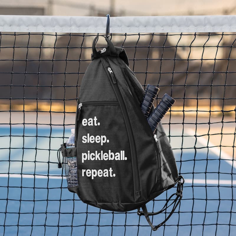 Sweet Jojo Designs Black Pickleball Bag Sling Backpack Crossbody - Sports Pun Funny Quote Sayings Eat Sleep Pickleball Repeat