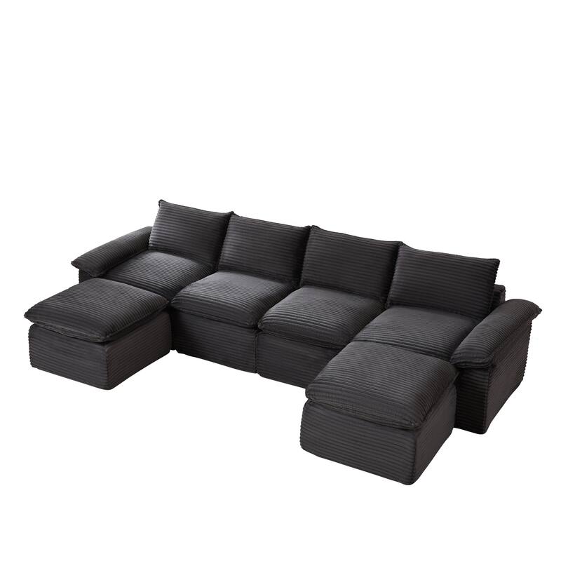 U-Shaped Sectional Sofa with 2 Ottomans, Oversized Corduroy Upholstered Cloud Sofa, Corner 6 Seater Sofa with Pillows