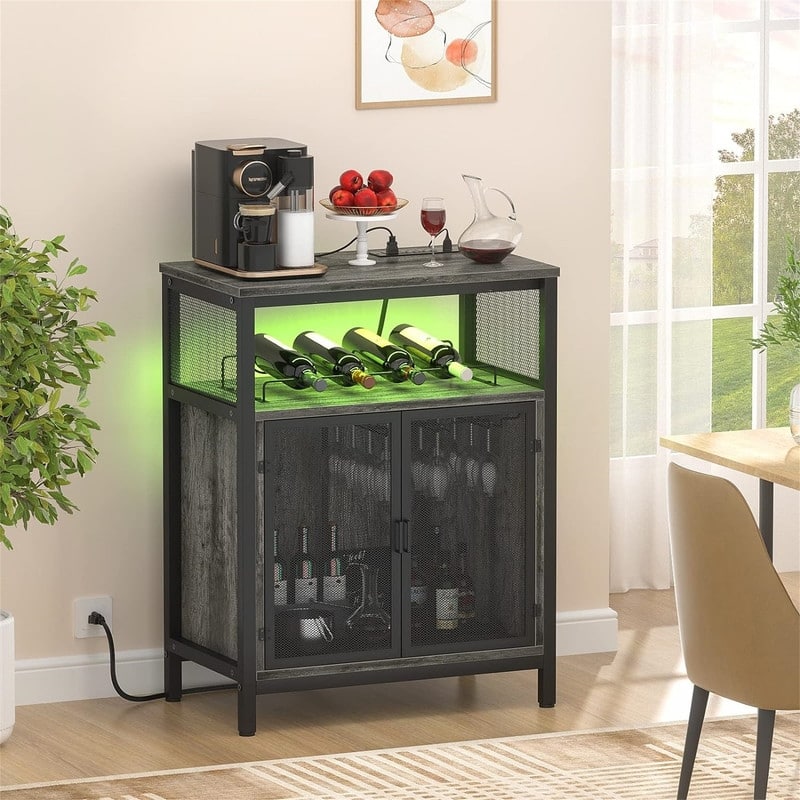 Wine Bar Cabinet with RGB Light and Outlet - 23.6"D x 13.6"W x 31"H