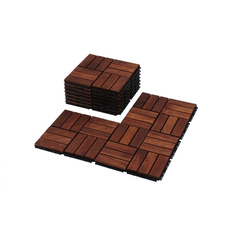 30 PCS Interlocking Deck Tiles Checker Pattern, 12" x 12" Square Acacia Hardwood Outdoor Flooring for Patio,Bancony,Pool Side