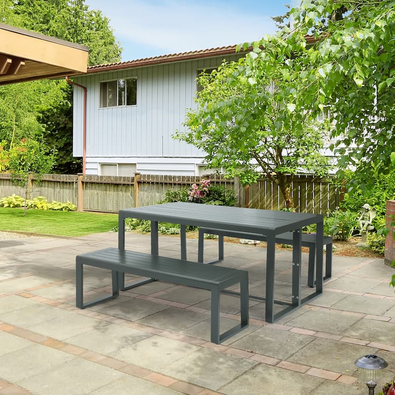 Aoodor 3-Piece Outdoor Patio Dining Set, Aluminum Furniture Set with 1 Rectangular Picnic Table and 2 Benches - N/A