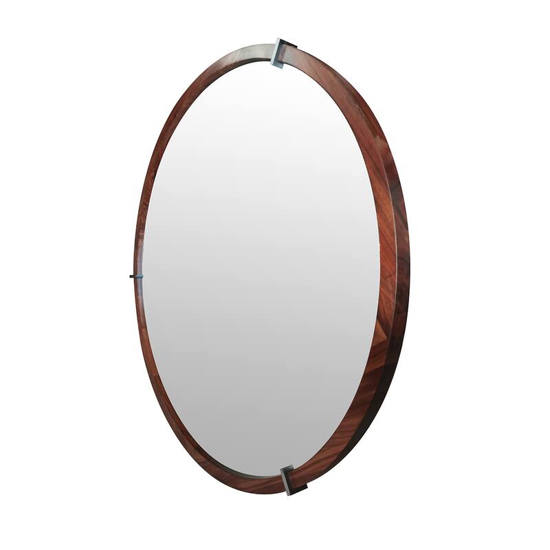 Mid-Century Modern Round Accent Mirror - Brown Walnut Wood & Veneer