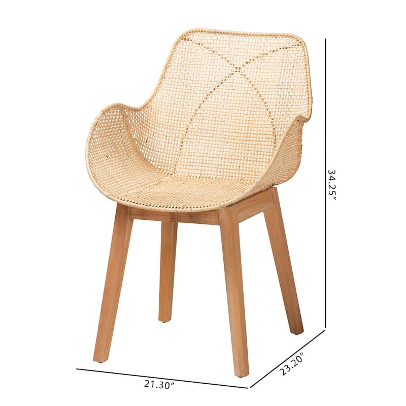 Ballerina Japandi Natural Brown Finished Mahogany Wood and Rattan 2-Piece Dining Chair Set