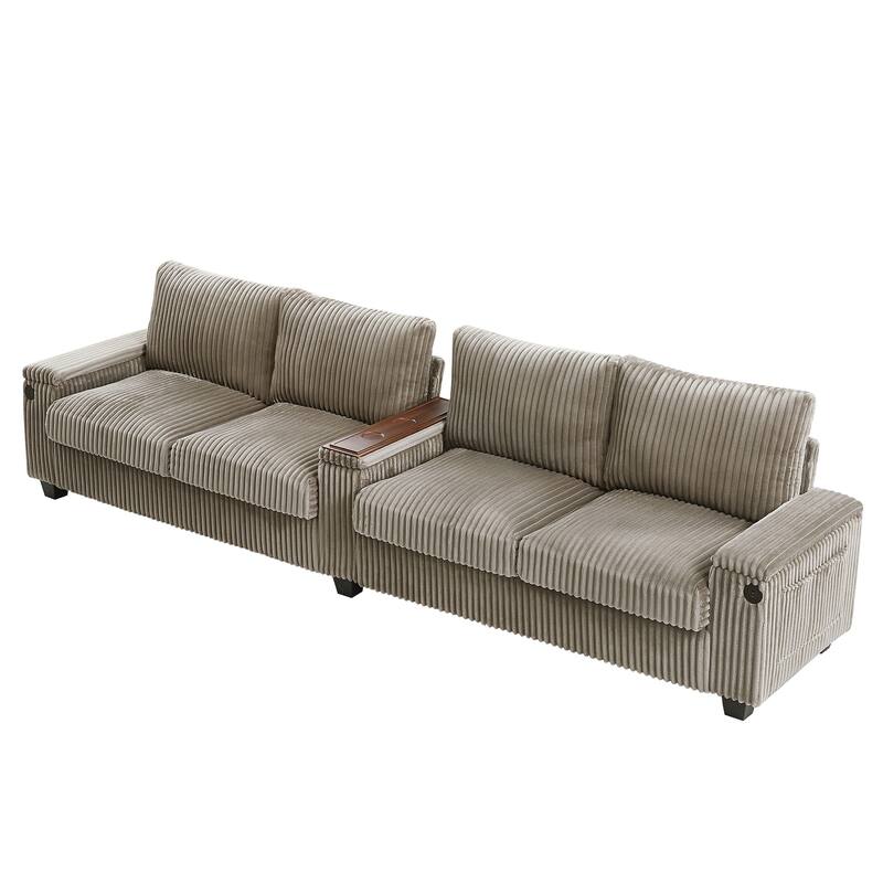 133" Corduroy 4-Seater Sofa with USB Ports, Flip-Top Cup Holders, and Hidden Storage