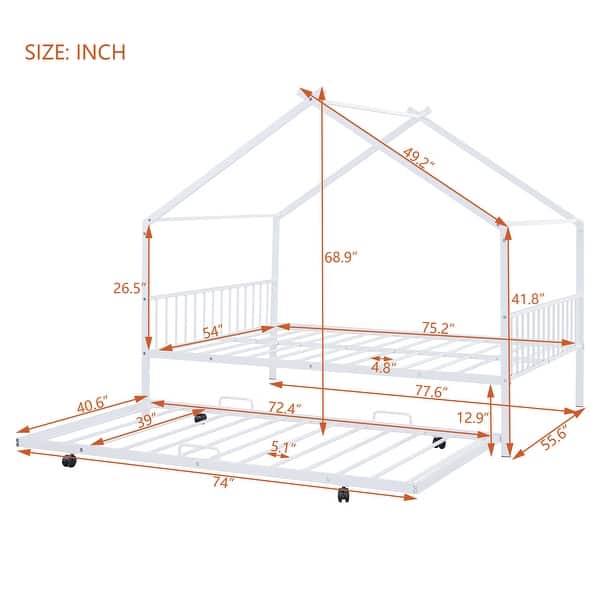 dimension image slide 2 of 3, Full Size Metal House Bed with Twin Size Trundle