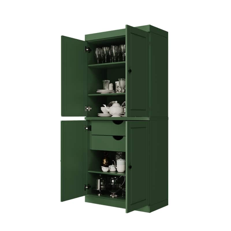 Palace Imports 100% Solid Wood Pantry Cabinet with Frosted, Clear Glass or Solid Doors, 2-Drawers and Adjustable Shelves