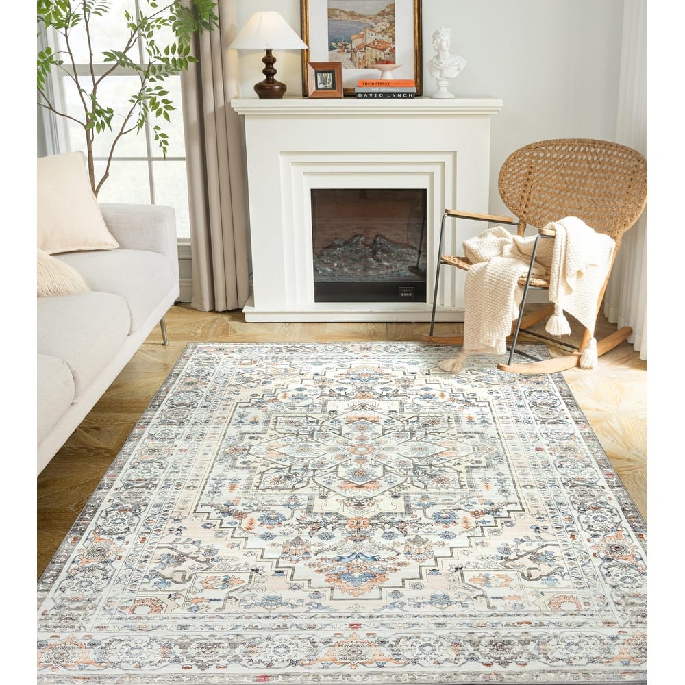 DriftAway Area Rug Washable Rugs for Living Room Non Slip Rubber Backing Low Pile Non Shedding Boho Foldable Vintage Rugs