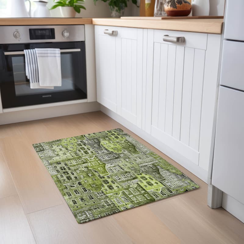 Machine Washable Indoor/ Outdoor Chantille Modern City Rug - Green - 1'8" x 2'6"