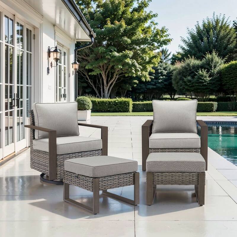 Pocassy 4 Pieces Outoor Patio Swivel Chair Ottoman Set - Gray cushion - Gray Wicker