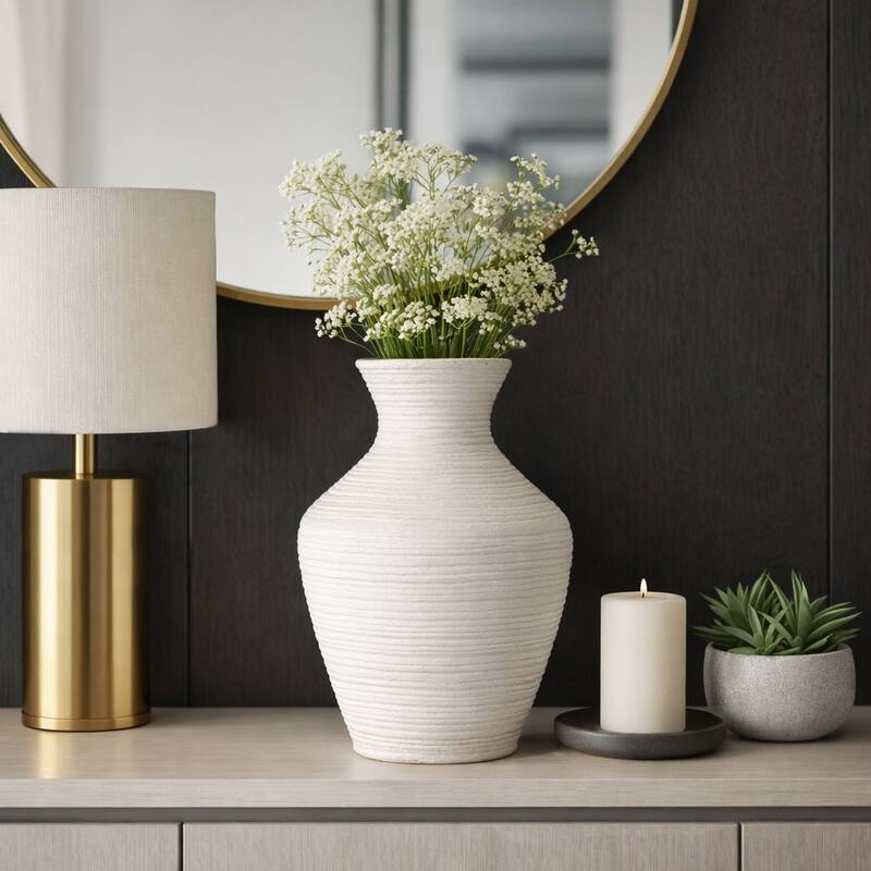 Sculptural Ribbed Paper Mache Table Vase - Stylish Tall Flower Vase