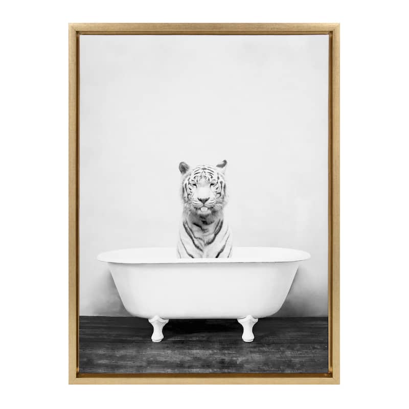 Kate and Laurel Sylvie Tiger in Bathtub Framed Canvas by Amy Peterson