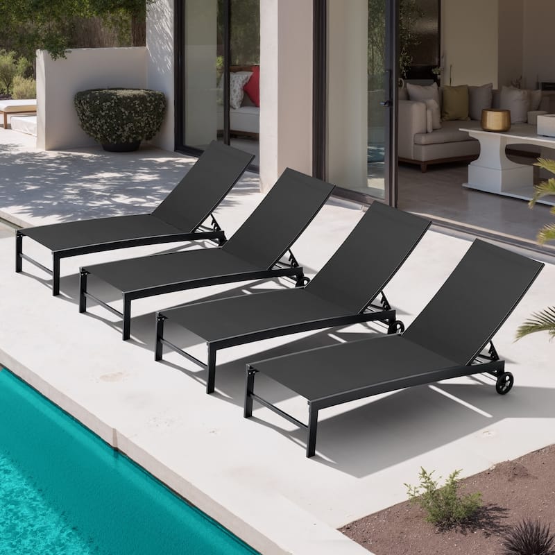 VredHom Outdoor Patio Aluminum Adjustable Chaise lounge Chairs with Wheels - Black-4PC