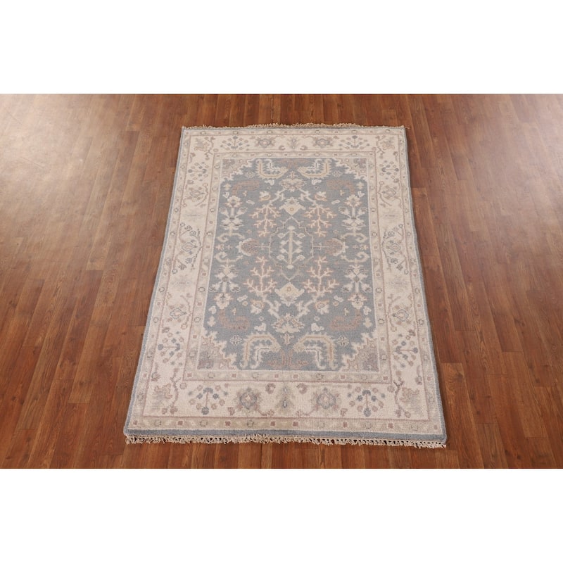 Geometric Oushak Oriental Area Rug Hand-Knotted Wool Carpet - 3'11"x 5'10"