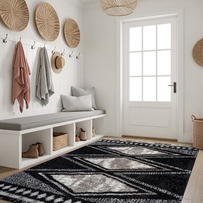 Geometric Grid Shag Rug - Anthracite Dark Gray - Medium Pile - Durable for Living Room, Bedroom, or Entryway