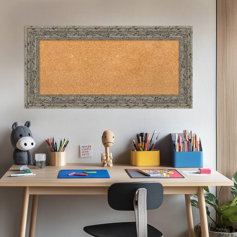 Attic Aged Silver Wood Framed Cork Board - Bulletin Board, Organization Board, Pin Board