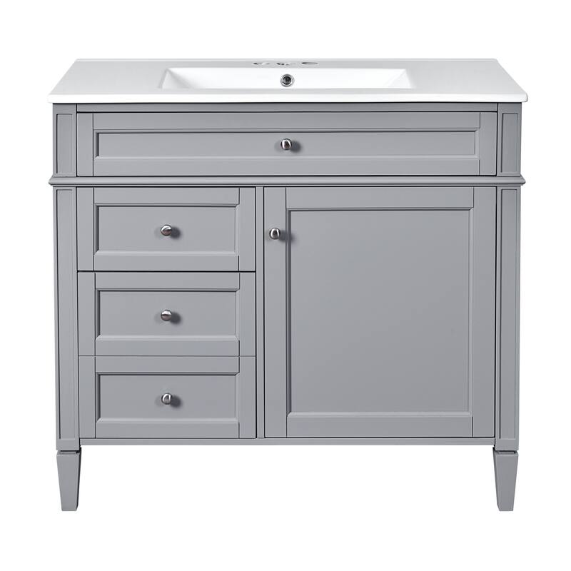 Modern Single Sink Bathroom Vanity Cabinet with Door Rack, Tip-out Drawer, 2 Pull-out Drawers, Metal Knobs and Adjustable Shelf