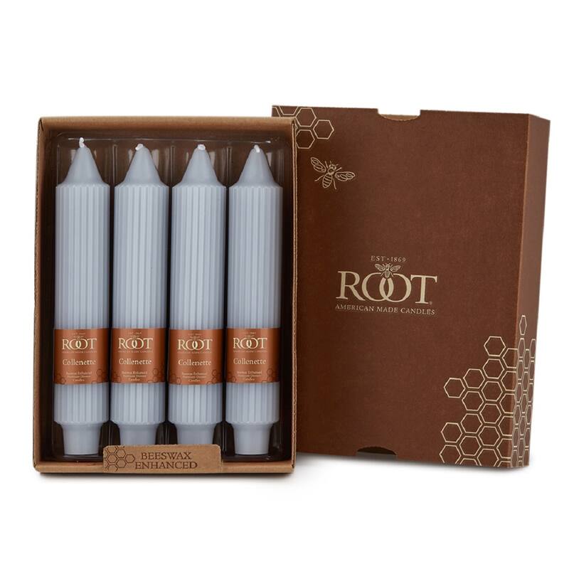 Root Unscented Grecian Collenette Taper Candles box of 4 - 7 X 1-1/4 - Platinum