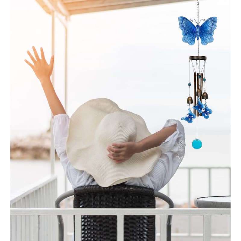CoTa Global Blue Garden Butterfly Wind Chime – Glass and Metal Chime - 35 inches
