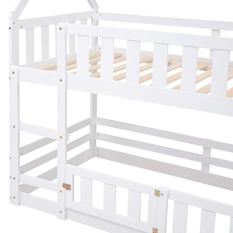 Solid Wood Twin Over Twin House Bunk Bed with Fence and Door