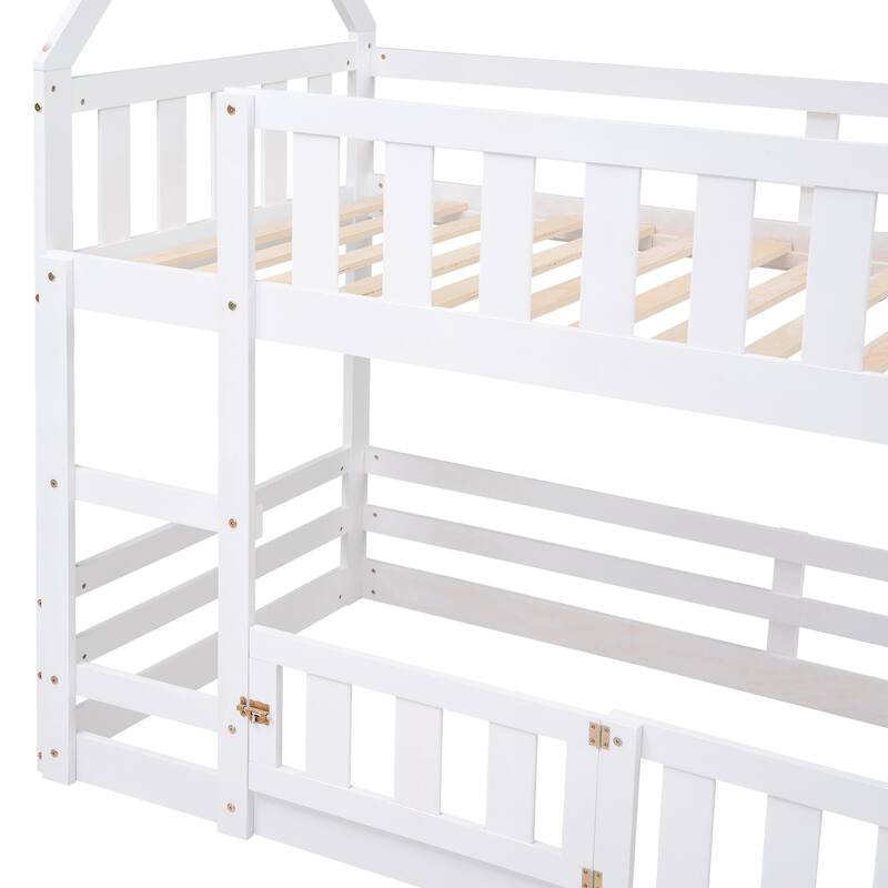 Twin Pine House Bunk Bed with Fence, Guardrail, and Door