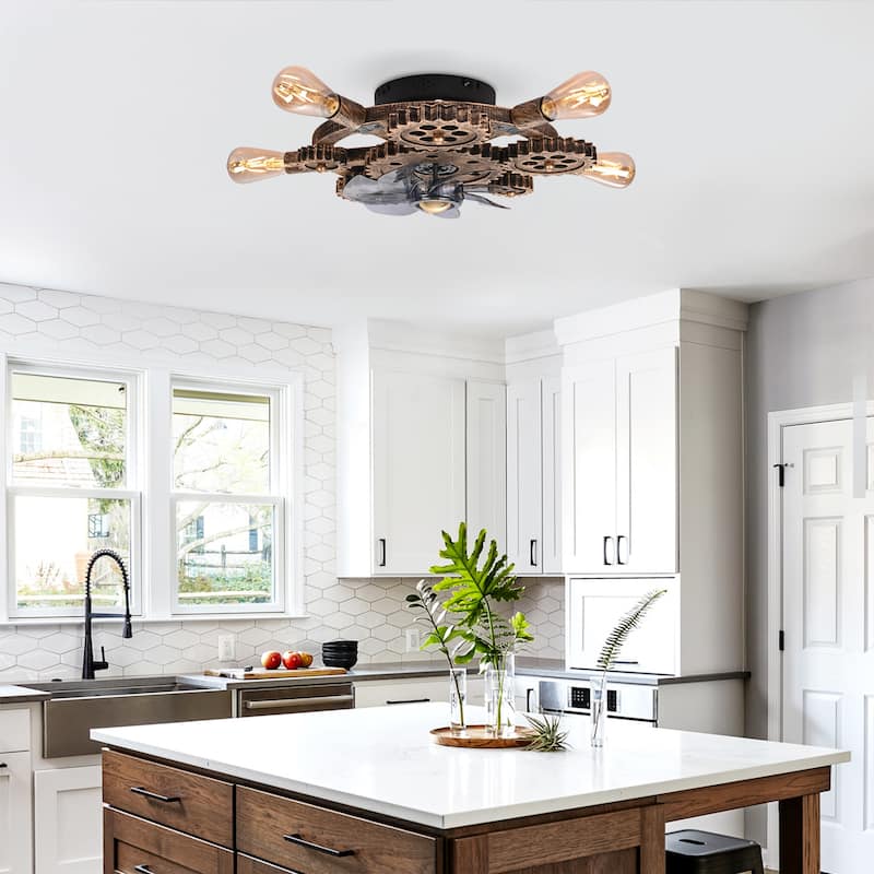 19.6" Farmhouse ceiling fan light and remote, Industrial Caged Ceiling Fan Light, Retro Ceiling Fan Lights with 7 Blades