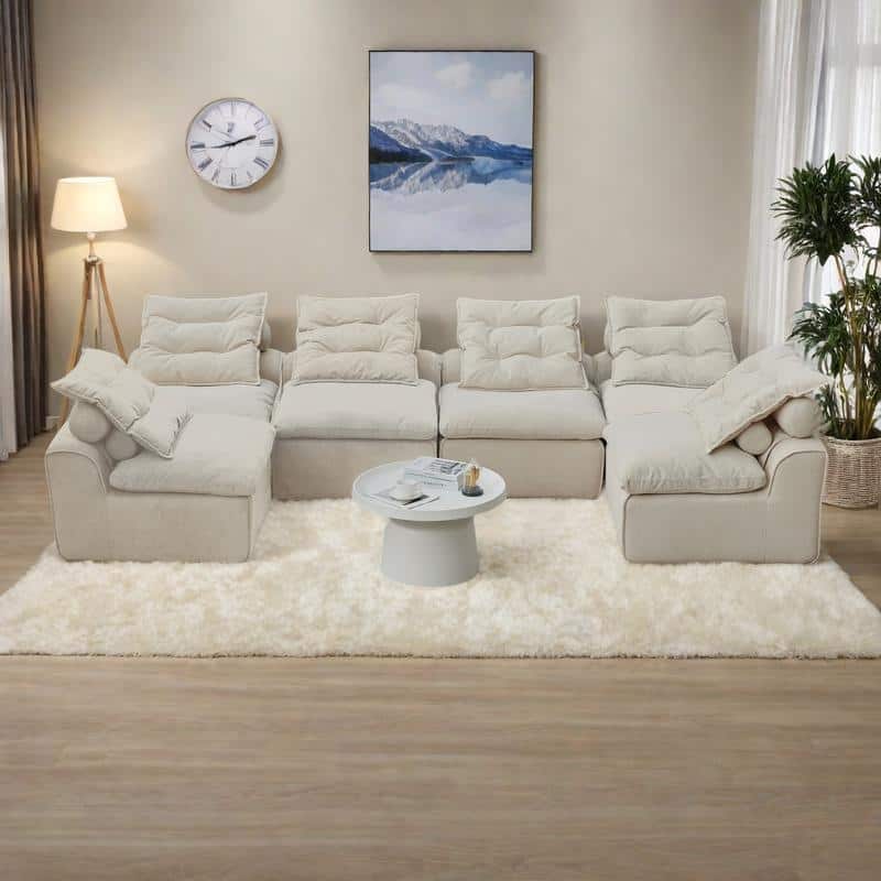 132" Corduroy Modular 6-Seater Sectional Sofa with 12 Pillows (6 Neck + 6 Lumbar), Armless Design and DIY Configuration