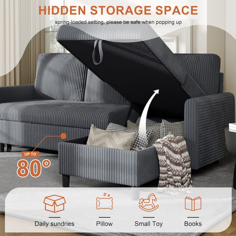 Futzca 3-in-1 Convertible Corduroy Sofa Bed with Storage, L-Shaped Sectional Couch