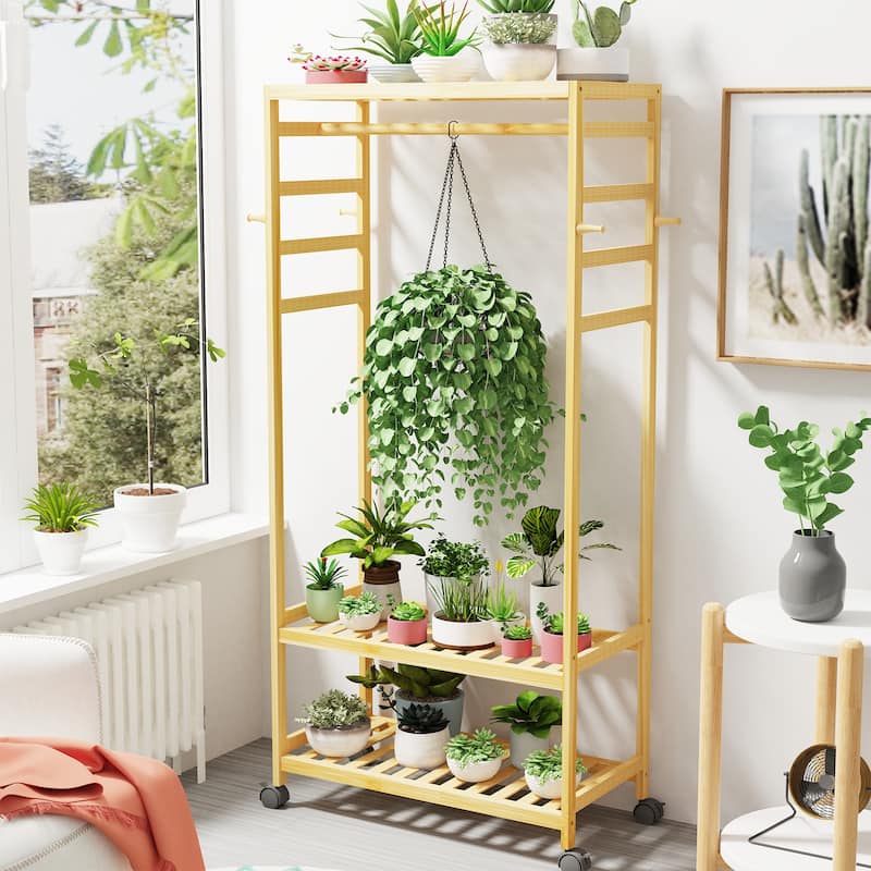 Clothes Rack Bamboo Garment Rolling Rack with Side Hooks