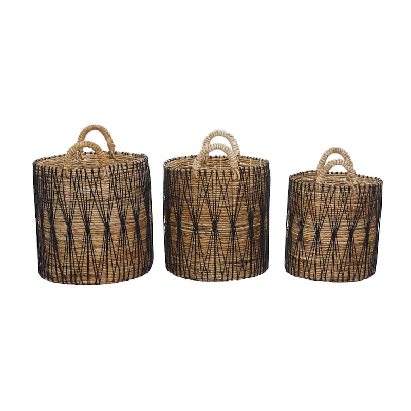 Banana Leaf Handmade String Detail Decorative and Functional Storage Basket with Handles - Set of 3 Brown - Roche River Decor