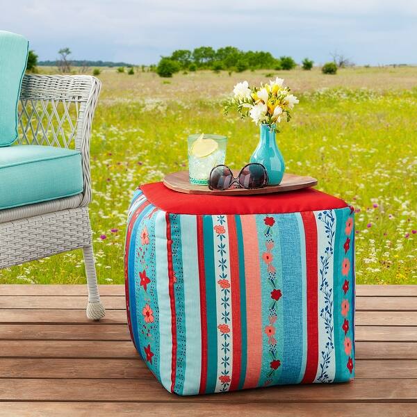 slide 2 of 5, 16" x 16" x 16" Stripe Square Outdoor Pouf, Floral Floral - Medium