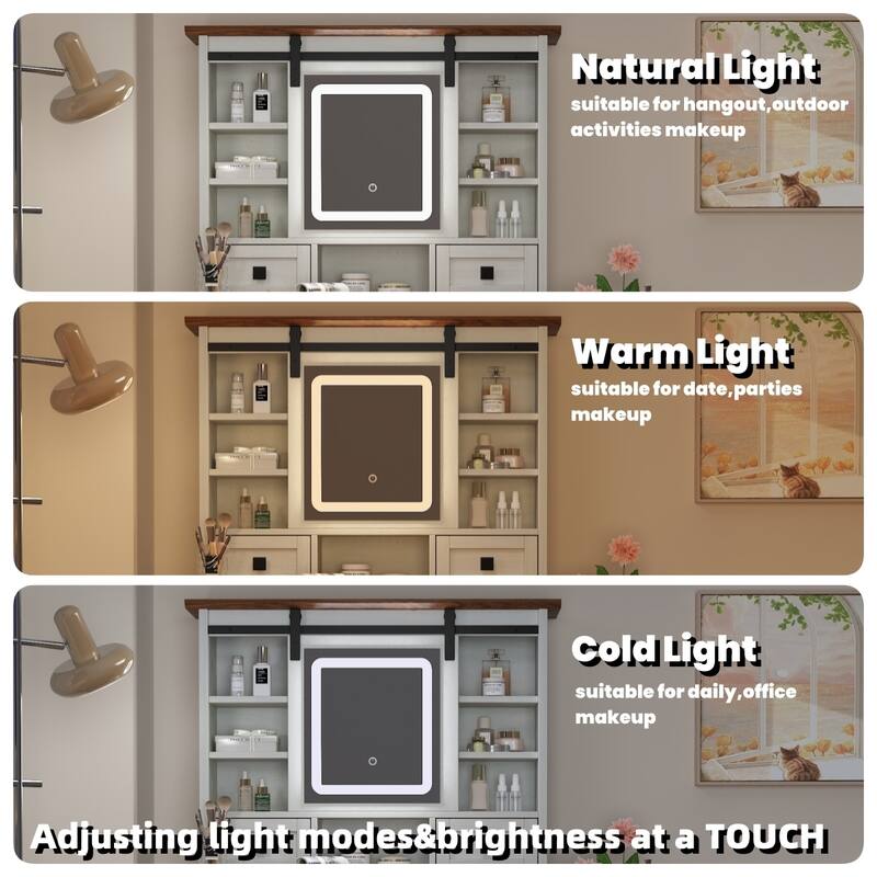 46.5'' Farmhouse Makeup Vanity Desk with Adjustible LED Lighted Mirror and Charging Station for Bedroom
