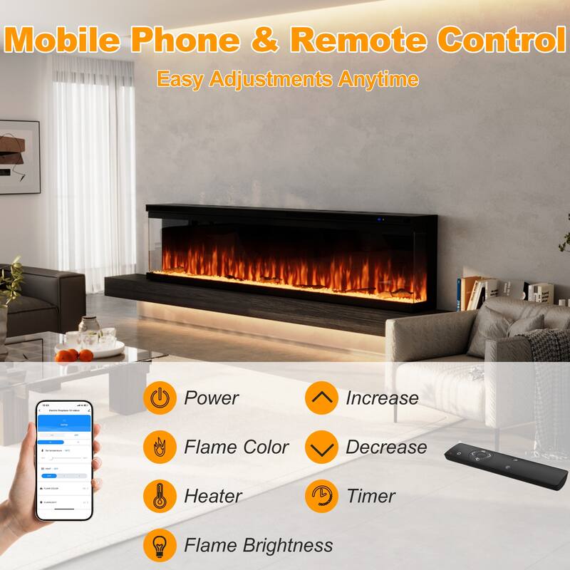 3-Sided Electric Fireplace with 12-Color Flame, Dual Heat Settings 750W/1500W, Smart App & Remote Control – 50/60/70 Inch