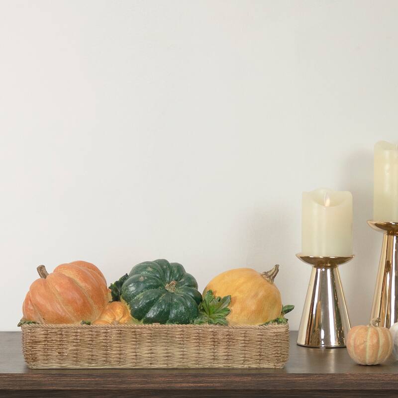 Faux Rattan Basket with Pumpkins Thanksgiving Decoration - 15"