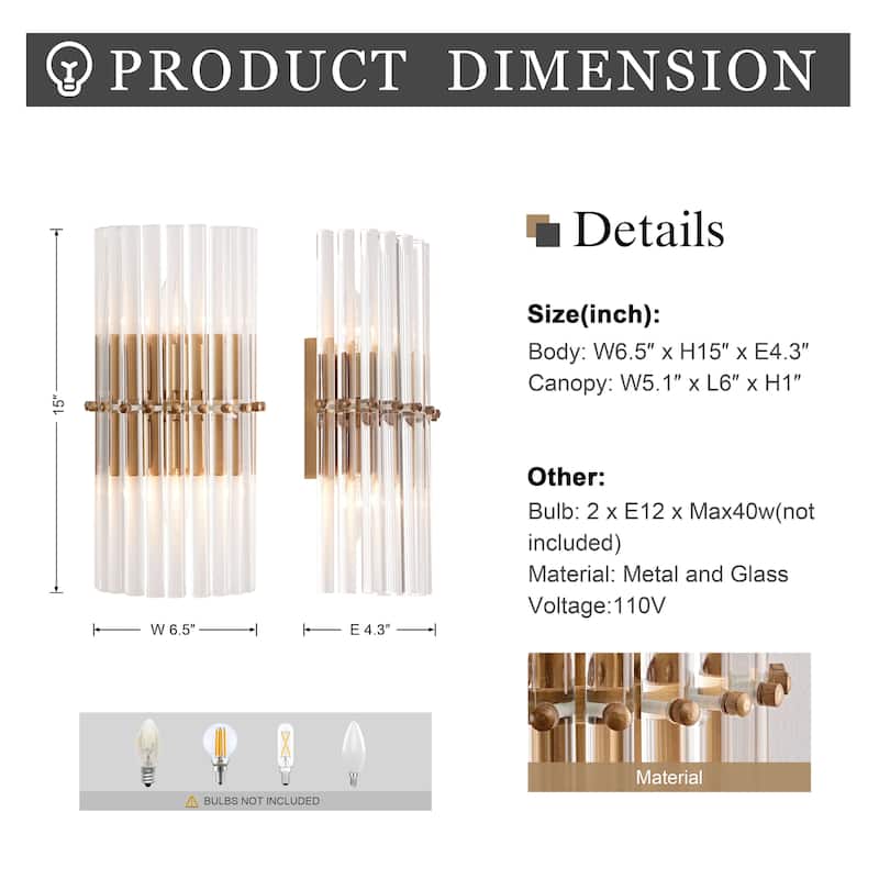 Casandra 2-Light Solid Crystal Glass Bars Mini Wall Sconce - Brushed Brass