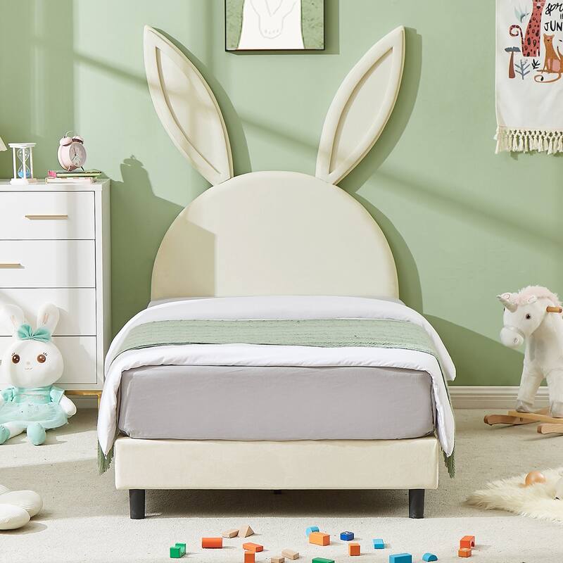 VECELO Wooden Cute Rabbit Twin Bed Frame with Upholstered Headboard, Kids Bed Frame - Bed Frame - Beige